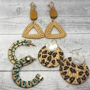 Curated bundle 3 woven straw statement earrings dangle drop half hoops boho.